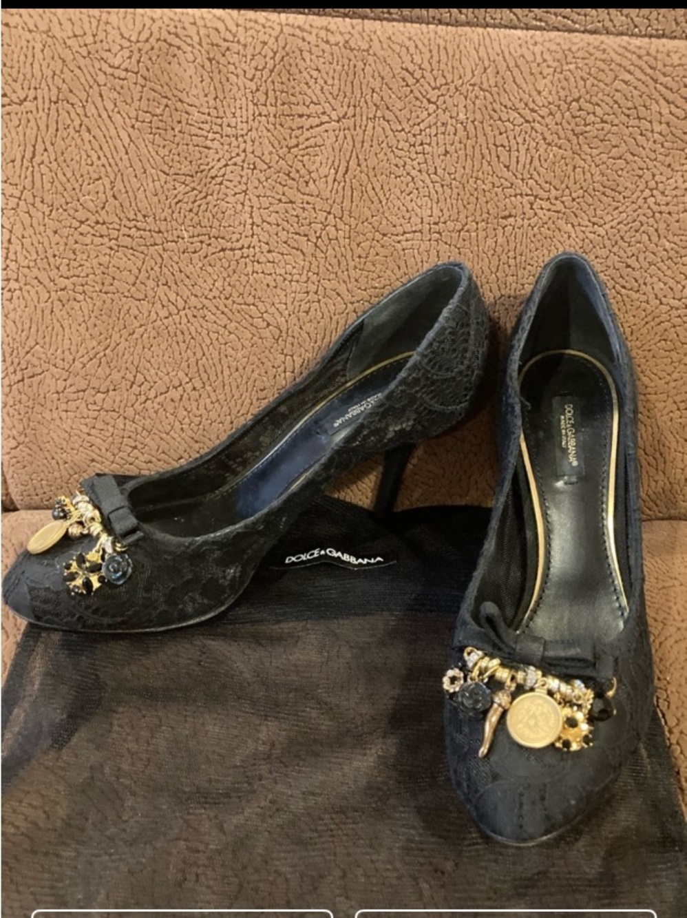 Dolce & Gabbana Bellucci Black Taormina Lace Pumps with Gold Charm Accents